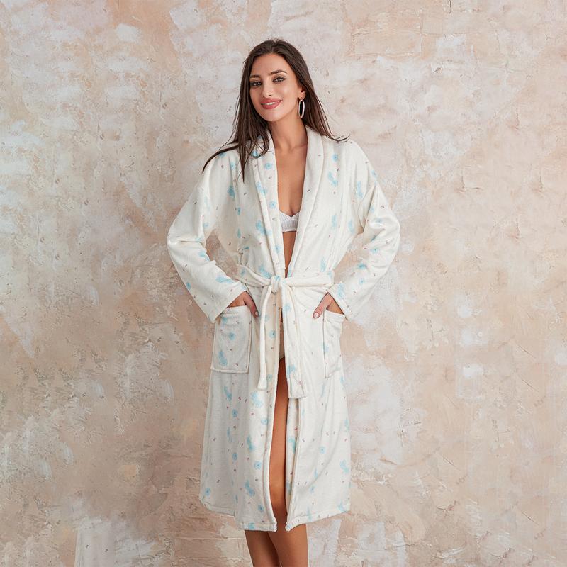 Women Dressing Gown Flannel Robe, Floral Print Shawl Collar Bathrobe for Hotel Spa Party,  Kimono Robe with Belt, Holiday Dressing, Ladies Clothes for Daily Wear Cotton Long Sleeve Womenswear Check