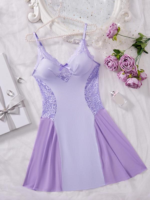 Women's Contrast Lace Embroidery Bow Decor Cami Nightdress, Soft Comfortable V Neck Sleeveless Nightgown for Women, Sleepwear for All Seasons