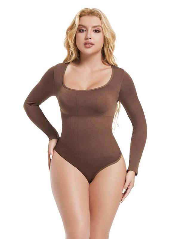 Women's Square Neck Long Sleeve Shapewear Bodysuit, Solid One-piece Tummy Control Shaper, Comfort Lady's Clothes for All Seasons