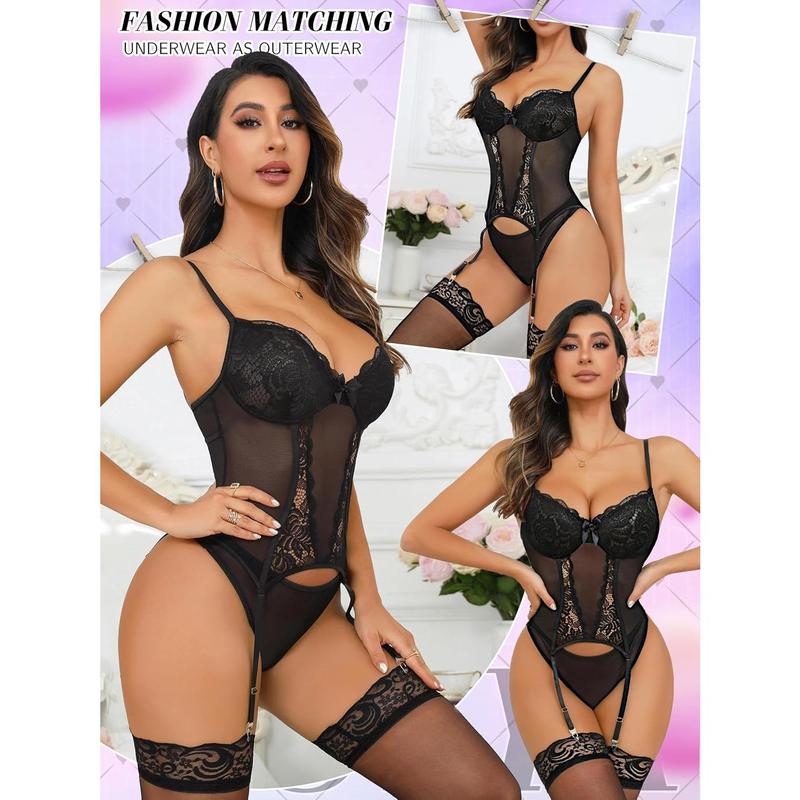 Women's Sexy Lingerie Set with Garter Lace Bodysuit