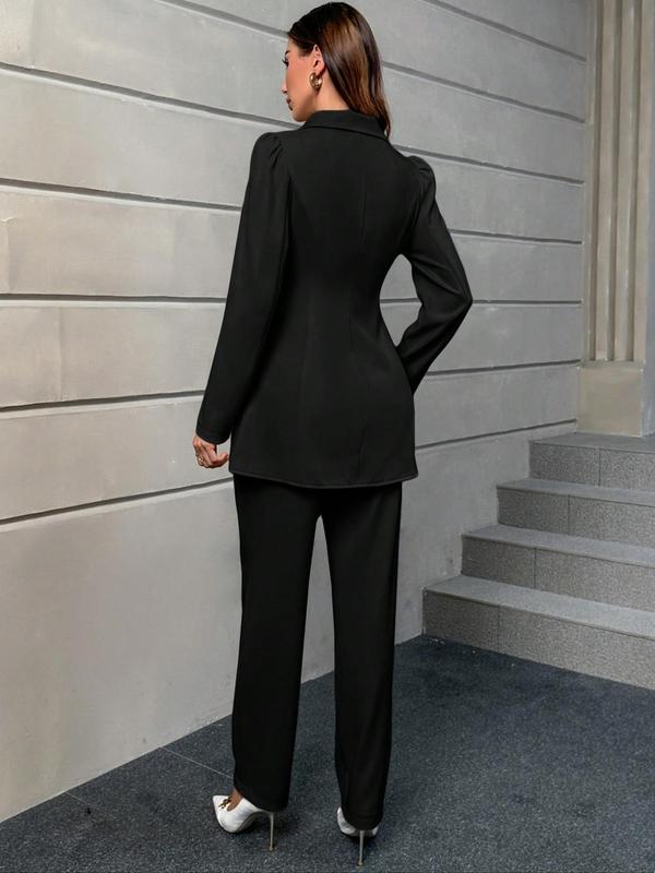 Women's Solid Button Front Split Blazer & Pants Two-Piece Set, Long Sleeve Lapel Neckline Blazer & Pocket Trousers, Casual Business Two-piece Outfits for Work Office