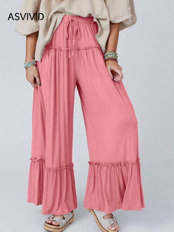 Women's Plain Drawstring Frill Trim Wide Leg Pants, Pants for Women, Casual High Waist Trousers, Baggy Pants for Women, Ladies Casual Summer Bottoms for Daily Wear, Preppy 80s Clothes