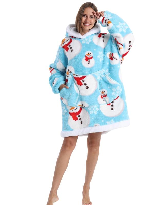 Women's Christmas Themed All Over Print Drop Shoulder Hooded Lounge Dressing Gown, Casual Long Sleeve Pocket Design Flannel Dressing Gown, Ladies Sleepwear for Fall & Winter