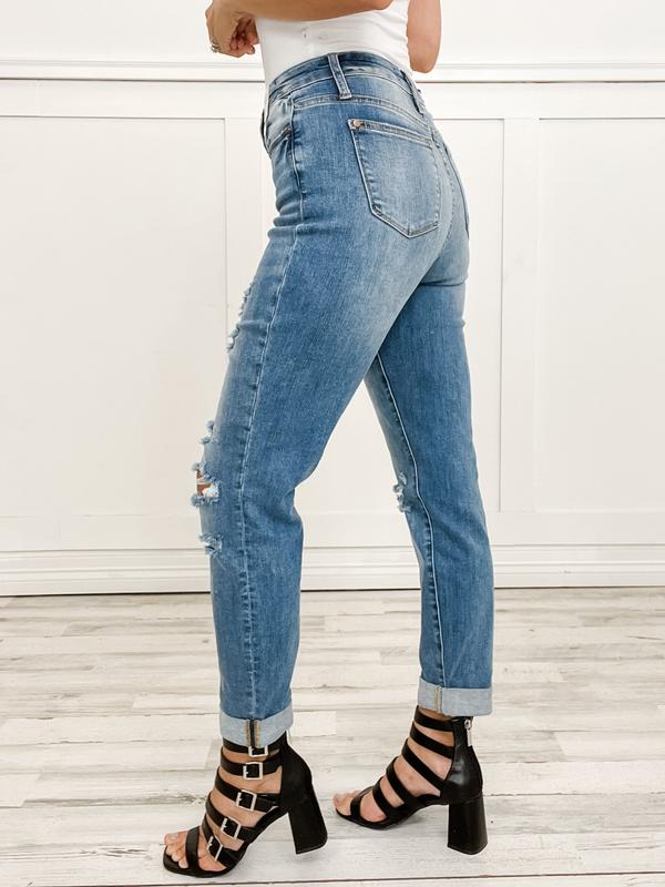 Judy Blue CRUEL SUMMER Hi-Rise Cuffed Boyfriend Distressed Denim Jeans