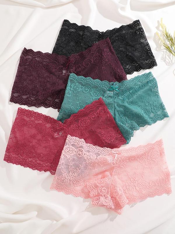 Women's Floral Lace Bow Scallop Sheer Knicker, Comfy Breathable Cozy Panties for Daily Wear, Women's Fall Underwear Bottoms, Back-to-school Clothing, Womenswear Clothes, Girlfriend Gift Bundle, Gifts for Her, Lingerie for Women