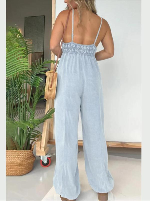 Women's Plain Backless Denim Cami Jumpsuit, Casual Pocket Wide Leg Jumpsuit for Daily Wear, Ladies All Seasons Clothes