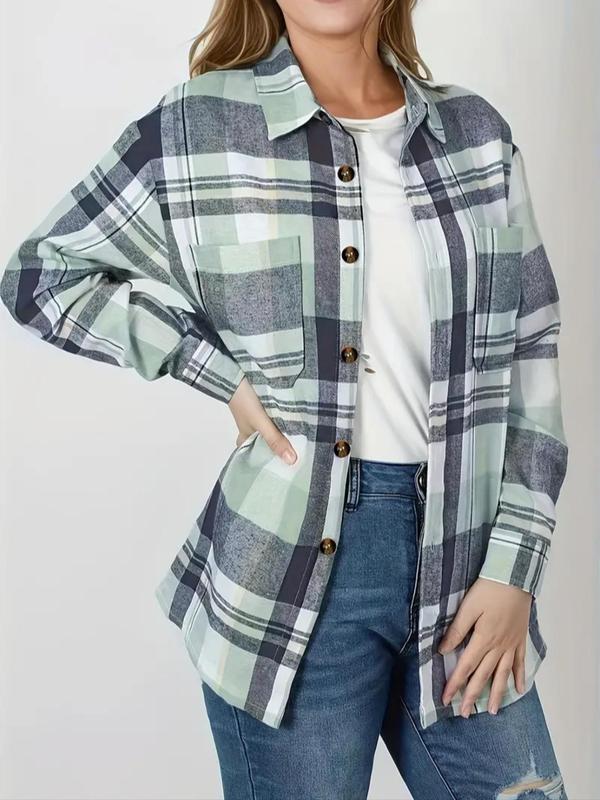  Plaid Print Button Front Shirt, Casual Long Sleeve Pocket Collared Top for Fall & Winter, Women's Clothes for Daily Wear