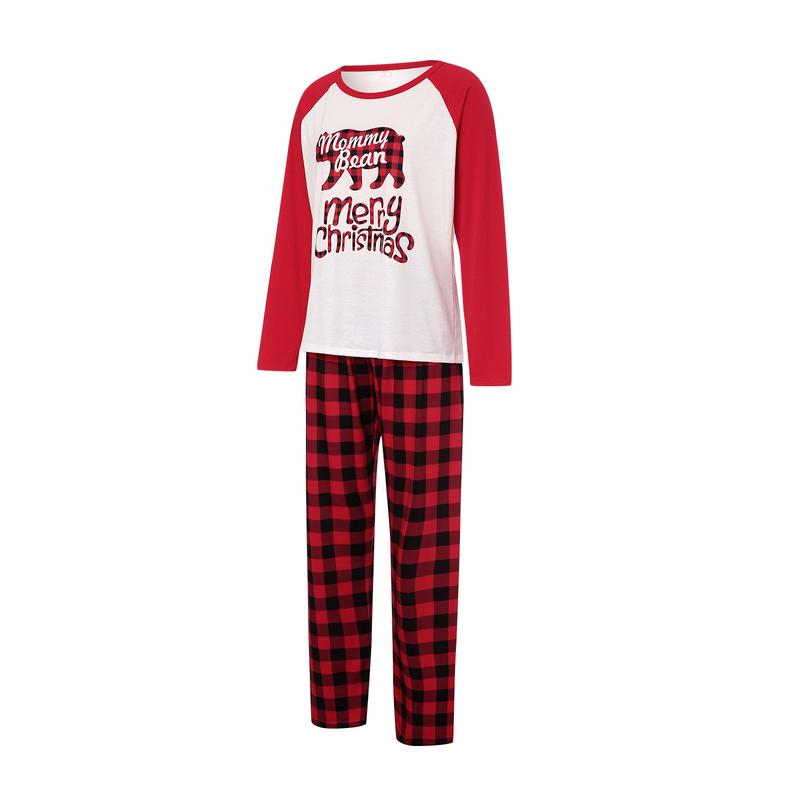 Family Matching Nightwear Set, Christmas Letter Print O-Neck Long Sleeve Blouse+ Plaid Pants for Kids Adults