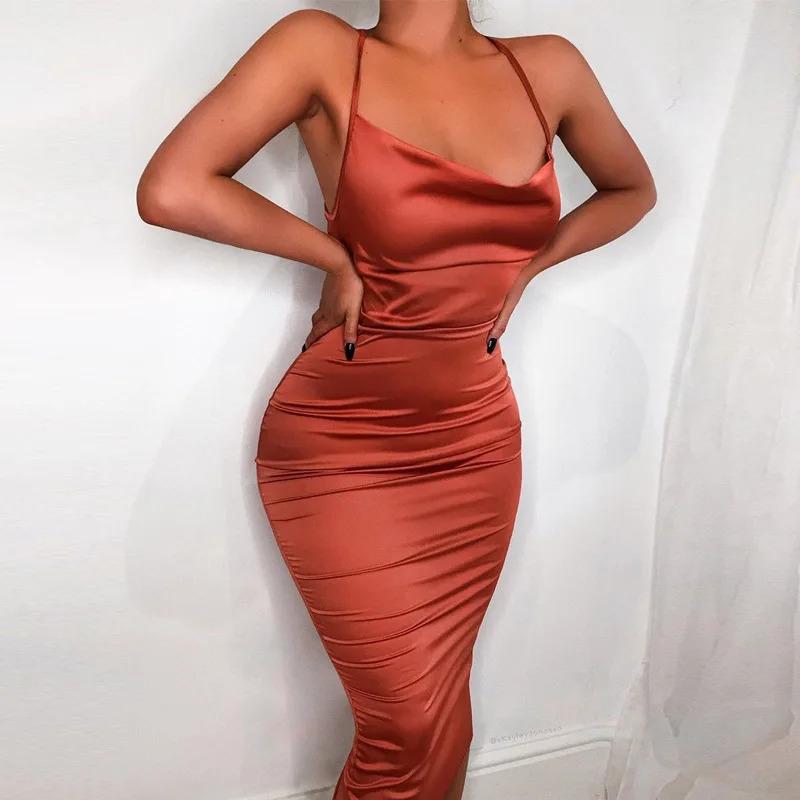 Neon Satin Lace Up Women's Long Midi Dress Light Pink Bodycon Backless Elegant Party Sexy Club Clothes 2022 Summer Dinner Outfit Formal Womenswear