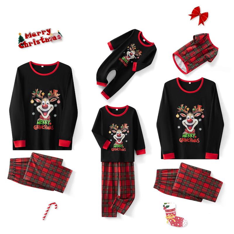 Family Christmas Pajamas Matching Sets PJ's Christmas Elk Print Long Sleeve Tops Elastic Plaid Pants Sleepwear Loungewear