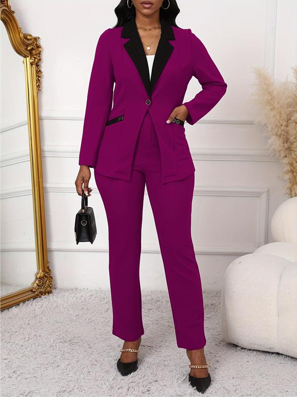 Two-piece Set Women's Colorblock Lapel Neck Pocket Button Blazer & Pants, Elegant Fashion Two Piece Outfits for Work Office Business, Ladies Clothes for All Seasons