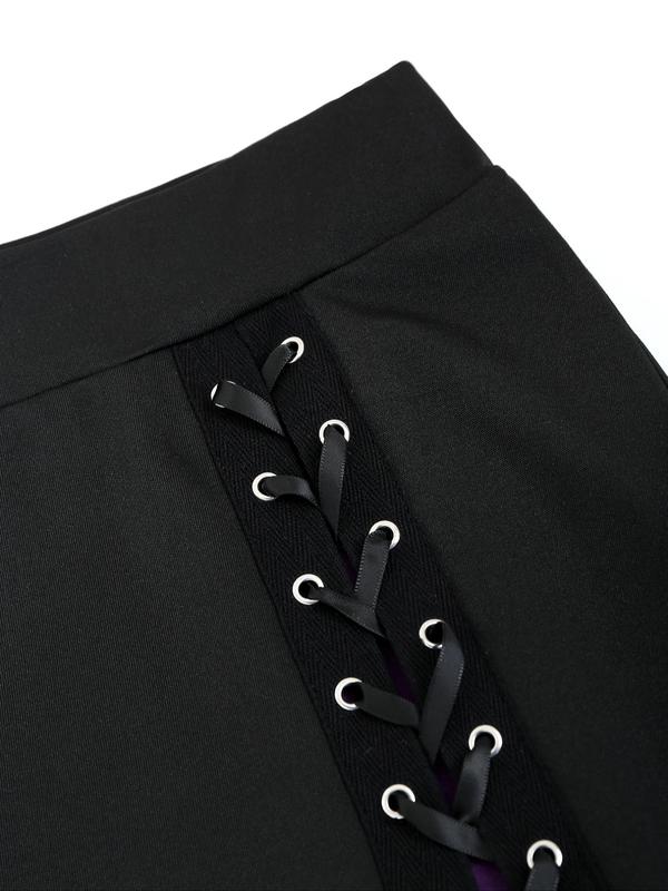 Women's Colorblock Patchwork Lace Up Grommet Eyelet Flared Skirt, Casual High Waist Skirt For Daily Wear, Ladies Bottoms For All Seasons