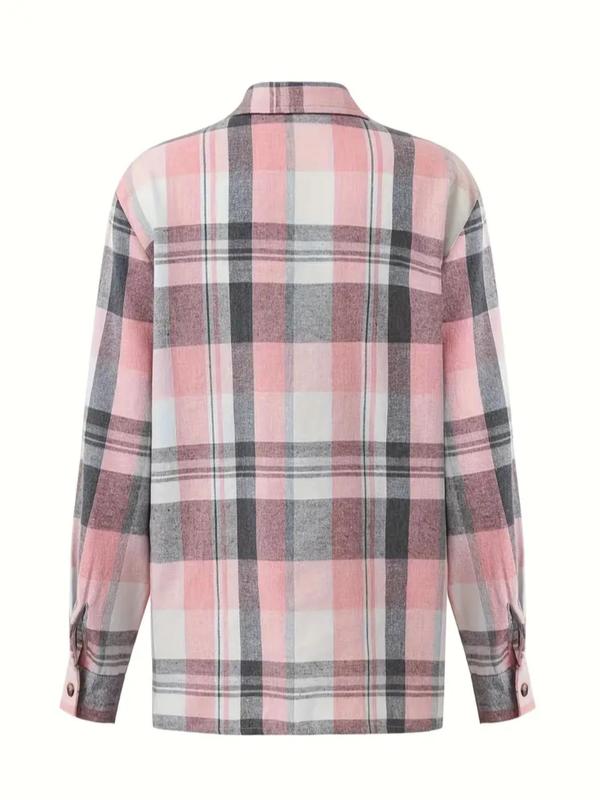  Plaid Print Button Front Shirt, Casual Long Sleeve Pocket Collared Top for Fall & Winter, Women's Clothes for Daily Wear