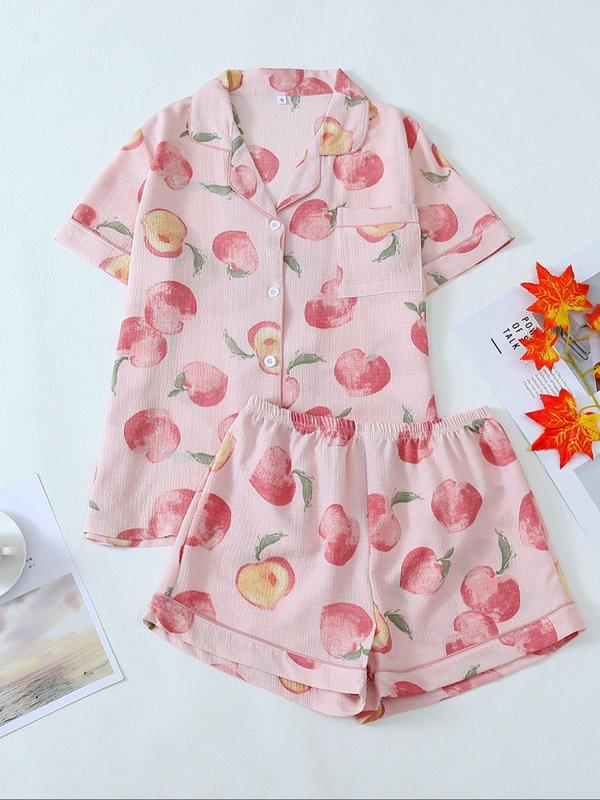 Women's All Over Strawberry Print Contrast Binding Button Front Shirt & Elastic Waist Shorts Cute Nightwear Loungewear Set, Casual Soft Comfortable Pocket Lapel Collar Top & Shorts PJ Set, Ladies Summer Sleepwear, Summer Wear 2024