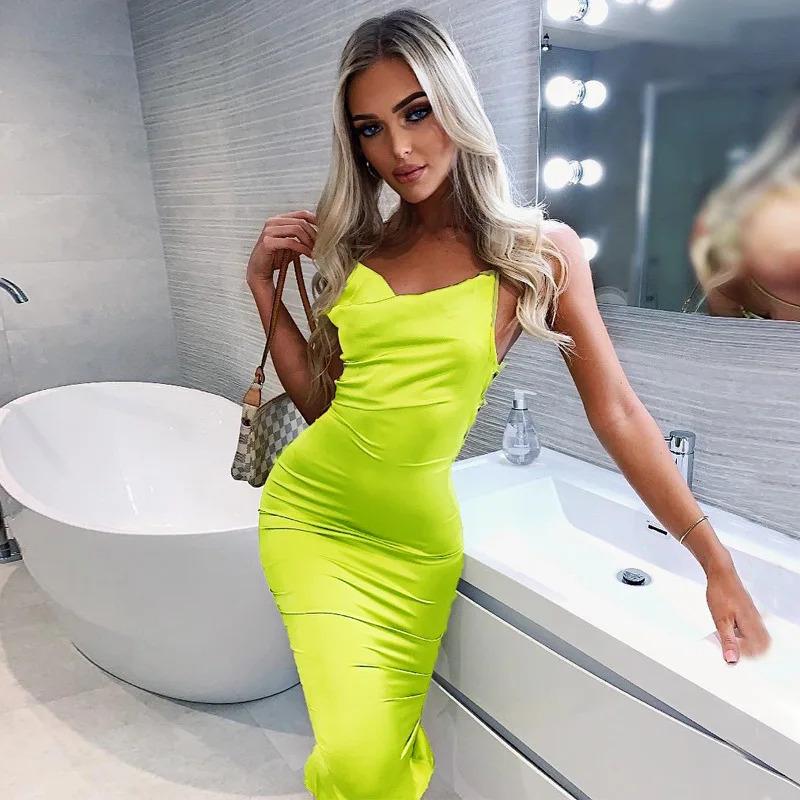 Neon Satin Lace Up Women's Long Midi Dress Light Pink Bodycon Backless Elegant Party Sexy Club Clothes 2022 Summer Dinner Outfit Formal Womenswear