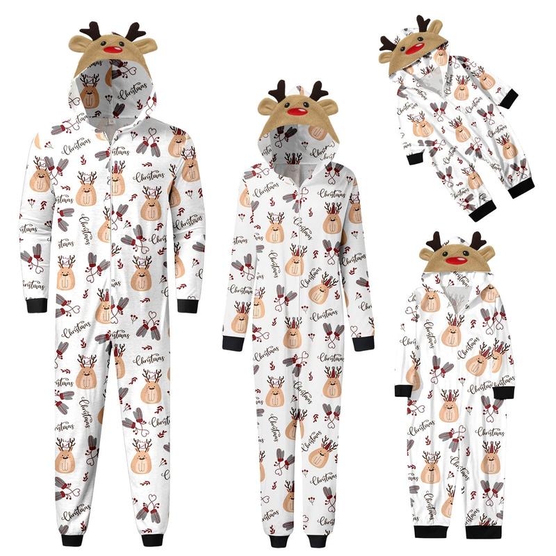 Matching Christmas Pajamas For Family Long Sleeve Elk Antler Hooded Romper Zip Up Jumpsuits