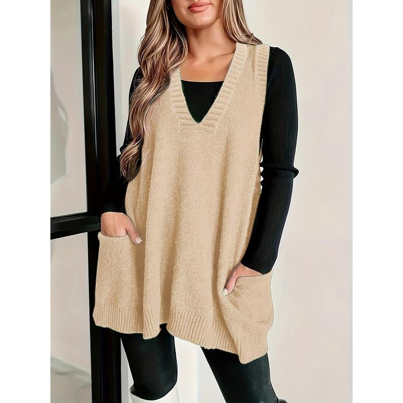 Plus Size Pockets Knitted Sweater Vest, Casual Solid Color V Neck Sleeveless Top For Fall & Winter, Women's Plus Size Clothing