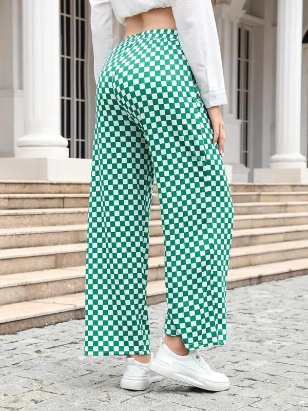 Women's Checkerboard Print Elastic Waist Wide Leg Pants, Casual High Waist Trousers for Fall, Fashion Women's Bottoms for Daily Wear, Boho Clothes, Pants for Women, Fall Outfits 2024, Comfy Pants, Preppy 80s Clothes