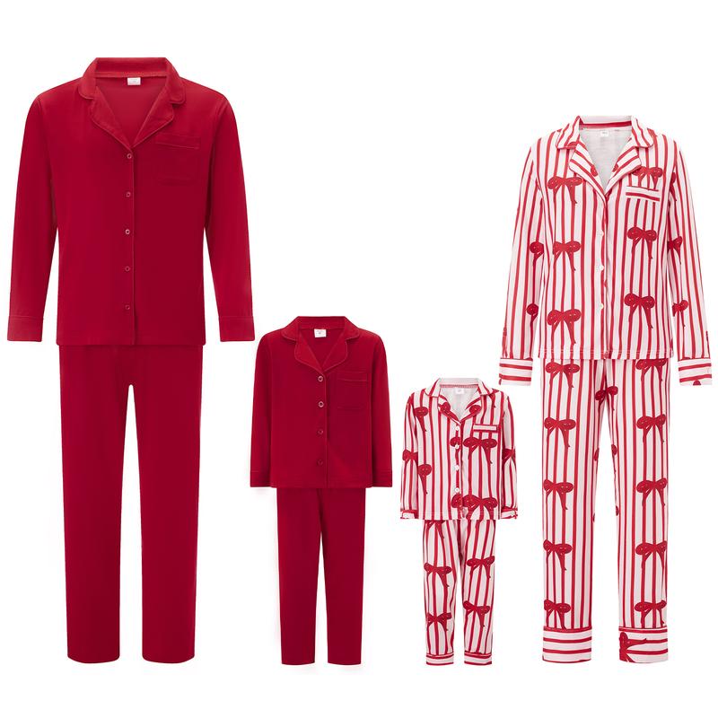 Matching Christmas Pajamas For Family Lapel Neck Button-up Long Sleeve Tops Long Pants 2-Piece Bow Solid Color Loungewear Outfit