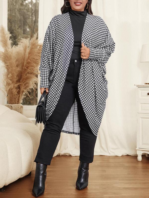 Black Friday Deals CURVZY Plus Size Houndstooth Print Batwing Sleeve Open Front Jacket, Casual Long Sleeve Outerwear for Daily Wear, Christmas 2024 Trend,Thanksgiving Clothing,Fall Clothing,Winter Clothing