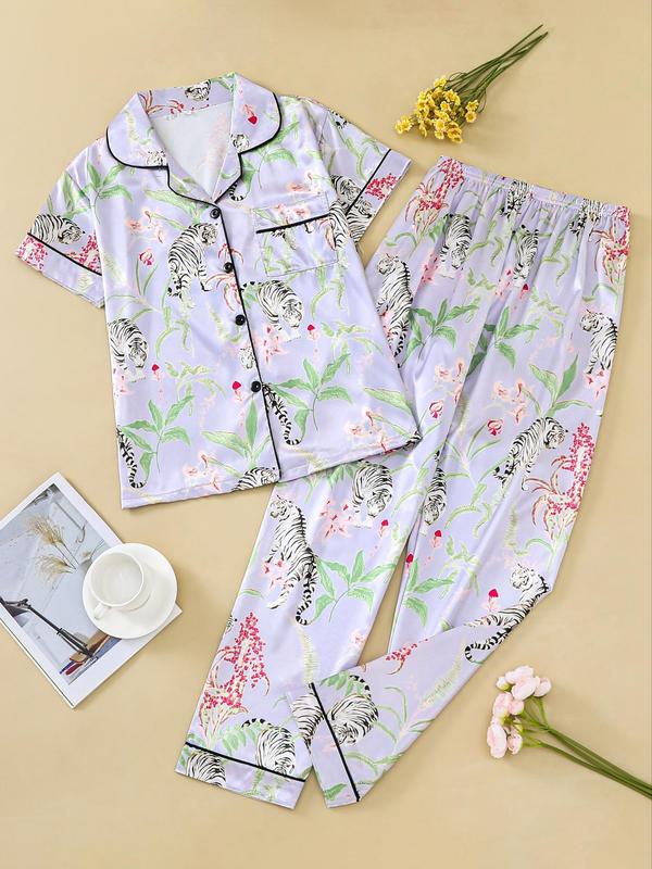 Two Counts @ShopwithJulie Collection Women's Tiger Floral Heart Print Lapel Shirt & Elastic Waist Pants Pyjama Set, Casual Button Front Drop Shoulder Top & Trousers PJ Set, Summer Wear 2024, Ladies Sleepwear for Summer