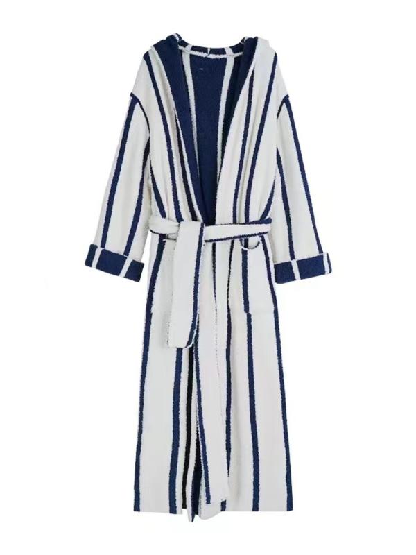 Couple  Striped Print Belted Lounge Robe, Casual Long Sleeve Drop Shoulder Pocket Design Bathrobe, Couple Sleepwear for Fall & Winter