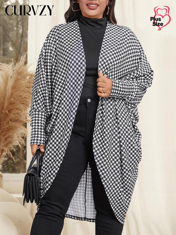 Black Friday Deals CURVZY Plus Size Houndstooth Print Batwing Sleeve Open Front Jacket, Casual Long Sleeve Outerwear for Daily Wear, Christmas 2024 Trend,Thanksgiving Clothing,Fall Clothing,Winter Clothing