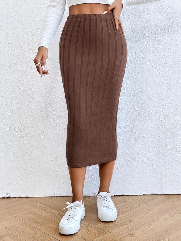 Women's Solid Knitting High Waist Bodycon Skirt, Casual Girls Skirt, Basic Midi Skirt for Daily Wear, Ladies Spring & Fall Clothes