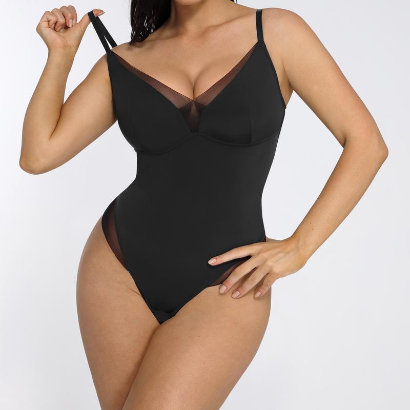 FeelinGirl Shapewear Bodysuits for Women Tummy Control - Deep V Neck Sheer Mesh Double Lined Trendy Thong Body Shaper Comfortable Fabric Womenswear