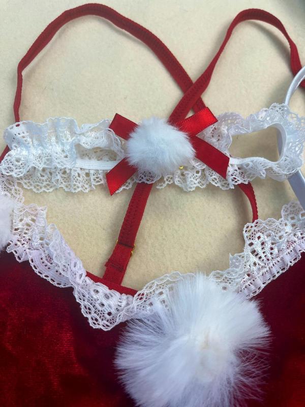 Women's Contrast Lace Pom Pom Decor Crotchless Bodysuit & Bow Decor Choker & Thigh Ring & Rabbit Ear Design Headband Sexy Lingerie Set, Sexy Lingerie Costume, Women's Underwear for Christmas Party