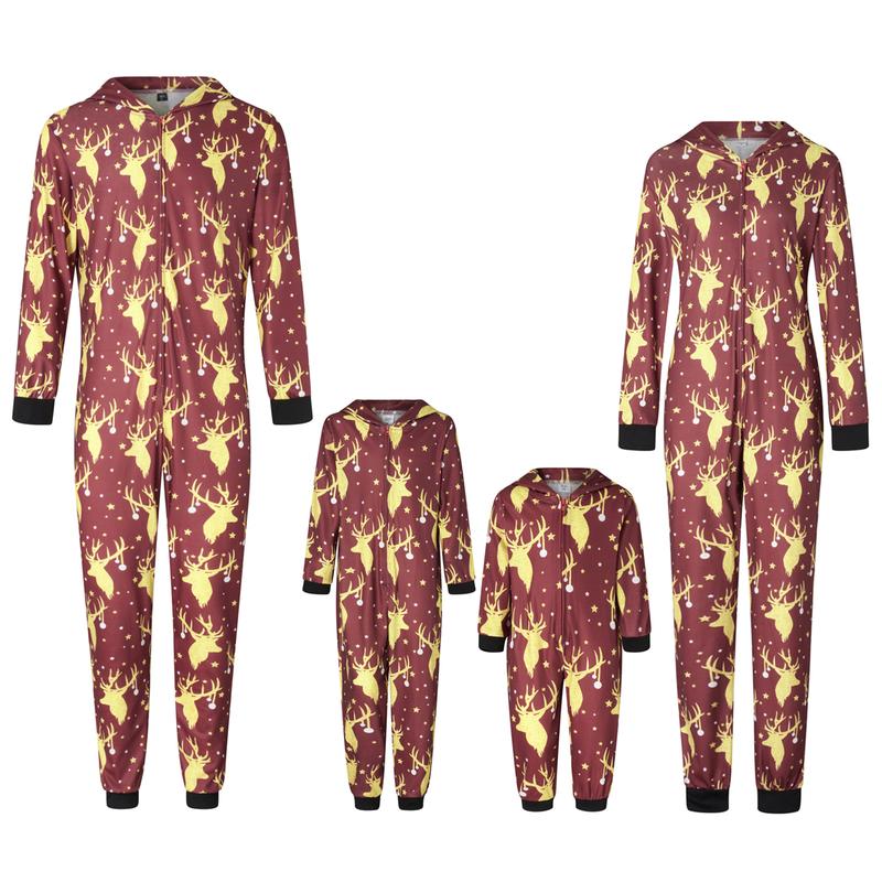 Matching Christmas Pajamas For Family Long Sleeve Elk Antler Hooded Romper Zip Up Jumpsuits