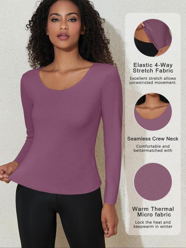 Women's Solid Thermal Lined Underwear Top, Casual Comfy Warm Round Neck Long Sleeve Top for Fall & Winter, Women's Underwear for Daily Wear