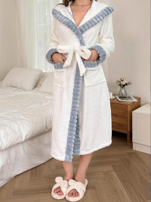 Women's Contrast Binding Belted Lounge Robe, Casual Long Sleeve Pocket Design Bathrobe, Soft Comfortable Warm Robe for Fall & Winter