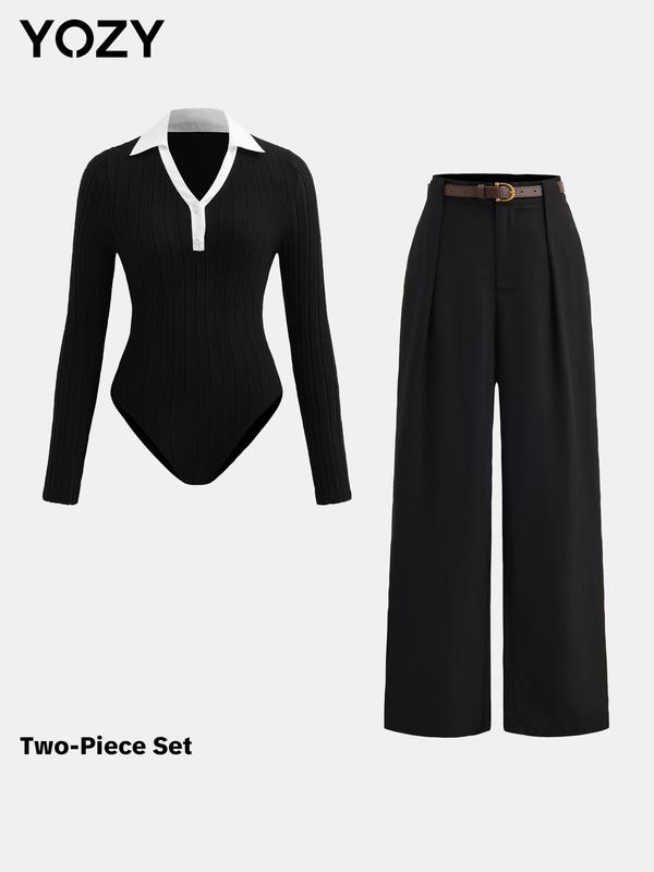 Black Friday Deals YOZY Two-Piece Set Women's Button Bodysuit & Plain Belted Wide Leg Pants, Elegant Long Sleeve Bodysuit & Plicated Trousers Set for Work Office Business, Christmas 2024 Trend, Thanksgiving Clothes, Fall Clothes, Winter Clothes