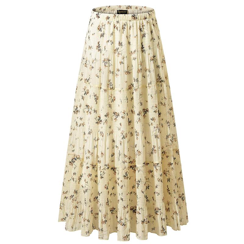 Women's Chiffon Elastic High Waist Pleated A-Line Flared Maxi Casual Skirts