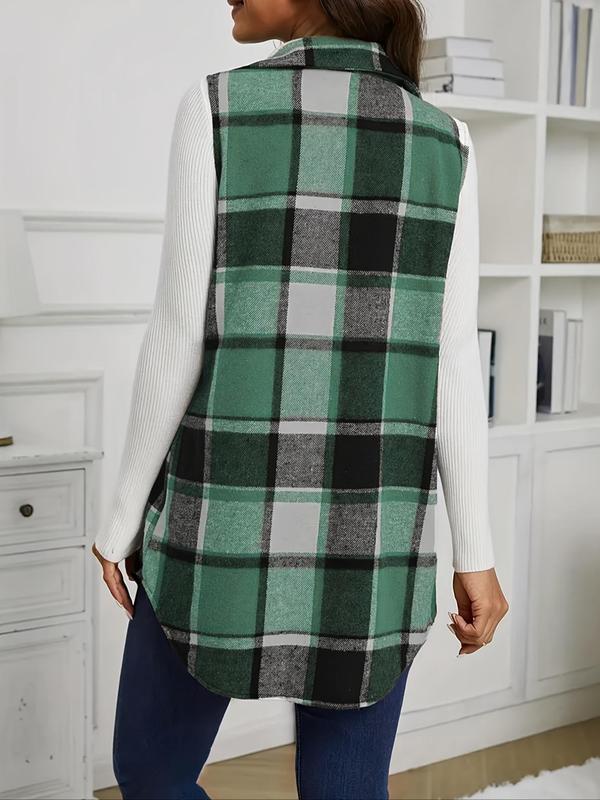 Women's Plaid Print Button Front Pocket Vest Coat, Casual Sleeveless Collared Outerwear for Fall & Winter, Ladies Clothes for Daily Wear Winter Clothes Women