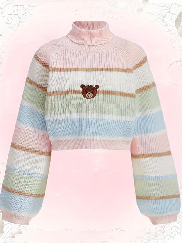 Women's Striped & Bear Print Raglan Sleeve Knit Top, Casual High Neck Jumper for Fall & Winter, Fashion Ladies' Knit Clothing for Daily Wear