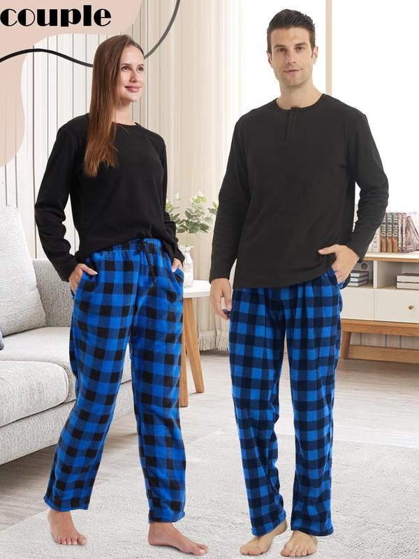 Christmas Couple's Solid Round Neck Sleep Top & Plaid Print Pocket Drawstring Sleep Pants, Casual Comfy Long Sleeve Top &  Elastic Waist Trousers for Daily Wear, Soft Comfy Sleepwear for Spring & Fall