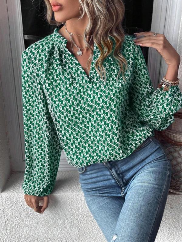 Women's All Over Print Bishop Sleeve Notched Blouse, Fall Outfits, Airport Outfits 2024, Comfort Womenswear, Elegant Long Sleeve Top for Daily Wear, Ladies Clothes for All Seasons