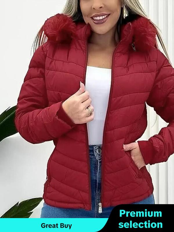 Women's Contrast Faux Fur Trim Zip Up Hooded Jacket, Casual Long Sleeve Pocket Zipper Outerwear for Winter, Ladies Clothes for Daily Wear