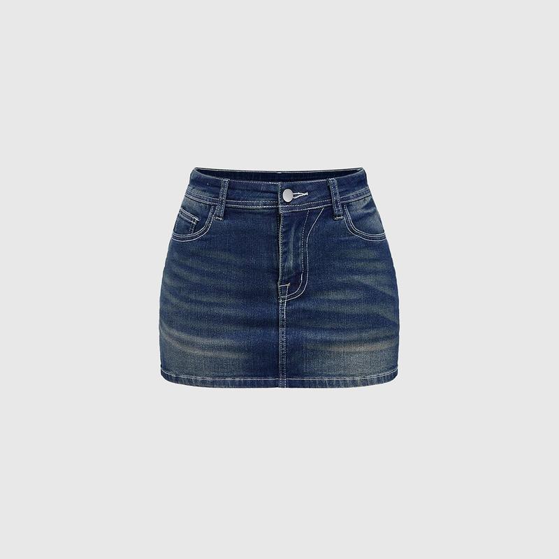 ROMWE Grunge Punk Y2K Style Ladies' Mini Denim Skirt (With Shorts), With Skull Head Embroidery, Bead And Contrast Stitching, And High Elasticity, School