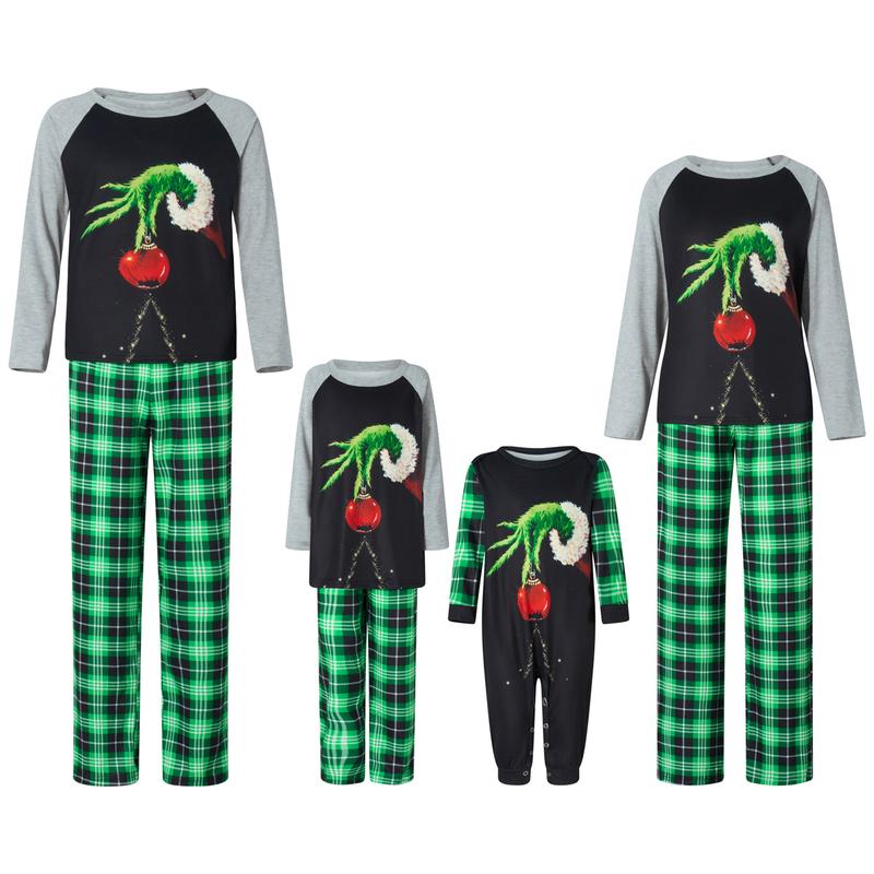 Christmas Family Pajamas Matching Set, Long Sleeve Elf Hand Print Tops with Plaid Pants Sleepwear Loungewear Crewneck Womenswear Clothing Light