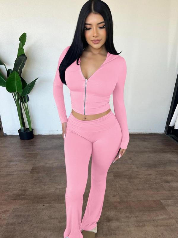 Women's Solid Zip Up Hooded Crop Top & High Waist Flare Leg Pants Set, Casual Long Sleeve Top & Bell Bottom Trousers, Vacation Outfits Sets, Ladies Spring & Fall Clothes, Fall Outfits, Fallfreshness, Fall Clothes