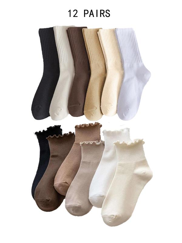 Women's Solid Lettuce Trim Crew Socks, Casual Comfy Breathable Mid-calf Socks for Daily Wear, Women's Socks for All Seasons