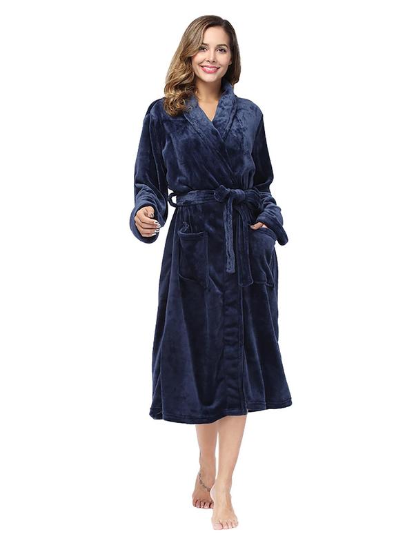 Women's Solid Dual Pocket Belted Flannel Pj Robe, Mean Girls Long Sleeve Shawl Collar Dressing Gown, 2000s Robe，Women's Sleepwear for Fall & Winter, Cold Weather Gear, Robe for Women, Fall Wear, Fallfreshness