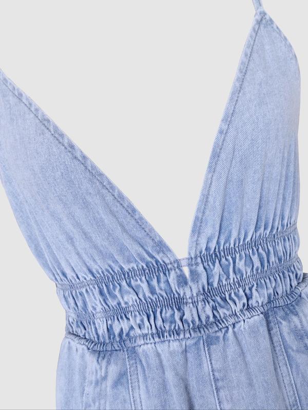 Women's Plain Backless Denim Cami Jumpsuit, Casual Pocket Wide Leg Jumpsuit for Daily Wear, Ladies All Seasons Clothes