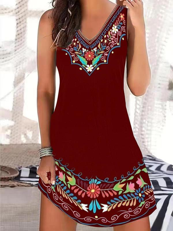 Women's Ethnic Floral Print Tank Dress, Boho Fashion Sleeveless Short Dress for Beach Holiday Vacation, Ladies Summer Clothes