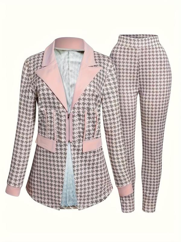 Two-Piece Set Women's Houndstooth Print Zipper Lapel Neck Blazer & Elastic Waist Skinny Pants, Fall Matching Sets, Elegant Fashion Casual Outfits for Work Office Business, Ladies Clothes for All Seasons