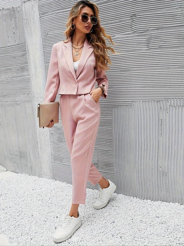 Two-Piece Set Women's Solid Button Front Blazer & Pocket Pants, Casual Lapel Neck Long Sleeve Outerwear & High Waist Trousers for Work Office Business, Ladies Two-piece Outfits for All Seasons