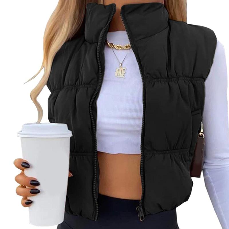 Women's Solid Color Cropped Puffer Vest with Zipper and Standup Collar warm  vest Zip Up Sleeveless Puffer Vest Women's Lightweight zipper vest